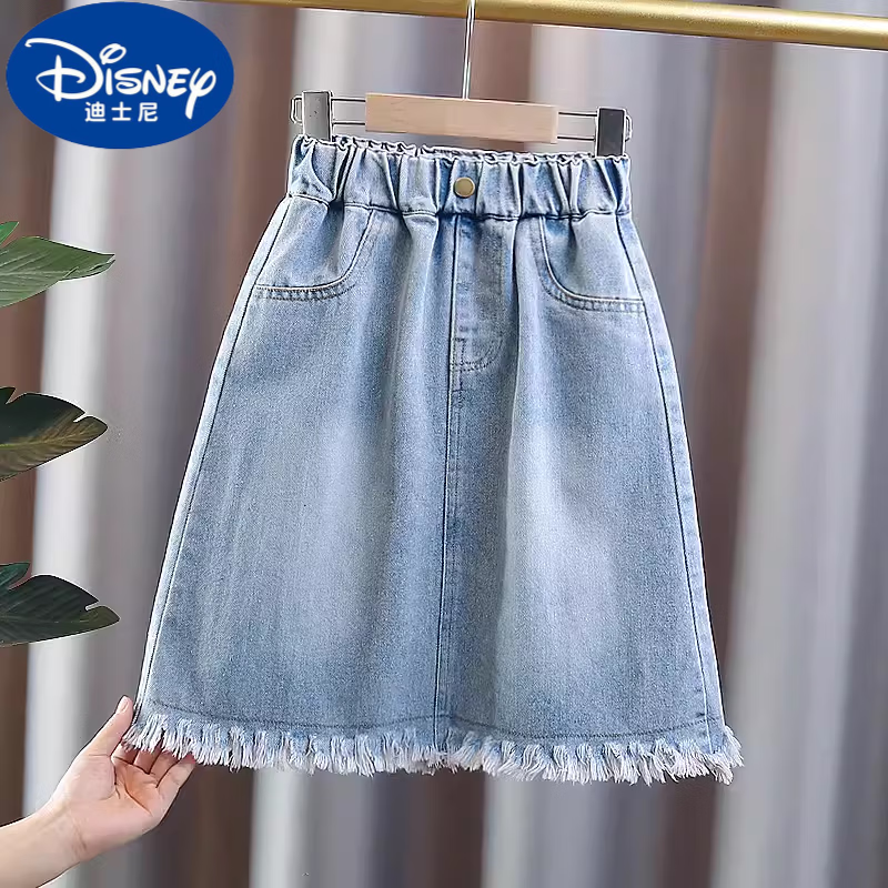 迪士尼（Disney）女童牛仔半身裙2025夏季新款A(yù)字裙大童春裝短裙子兒童開叉裙子a版 藍色流蘇牛仔裙 130 碼建議6-7歲【120-130cm】