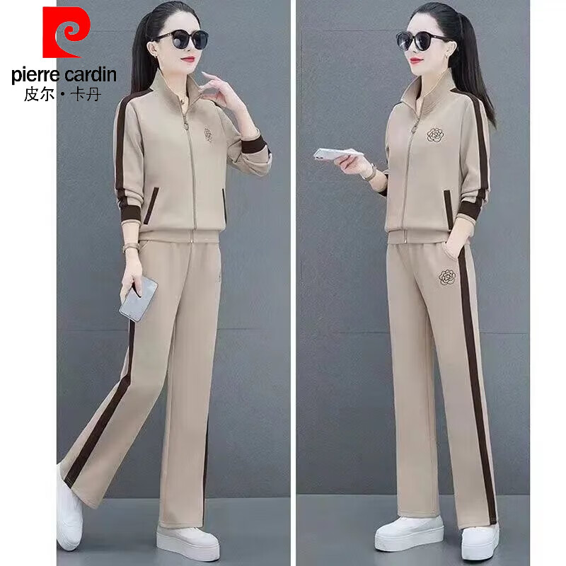 皮尔卡丹(pierre cardin)中老年运动套装女春秋外套新款卫衣洋气时尚减龄休闲跑步服三件套 咖啡色三件套 L