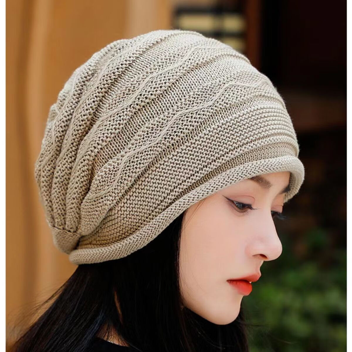 ESQTJF女士新款帽子春款薄款时尚春秋时尚波浪堆堆帽针织包头百搭优雅 薄款波浪堆堆帽【米驼色】