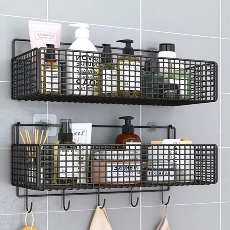 【现发】卫生间置物架免打孔浴室壁挂洗漱淋浴房墙上收纳厕所用品 黑超大号1个排勾1个无痕贴