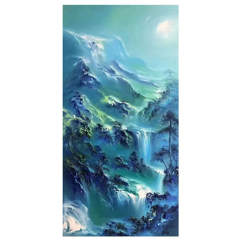 艺幻高山流水风景客厅装饰画新中式青山风水手绘油画大幅玄关走廊挂画