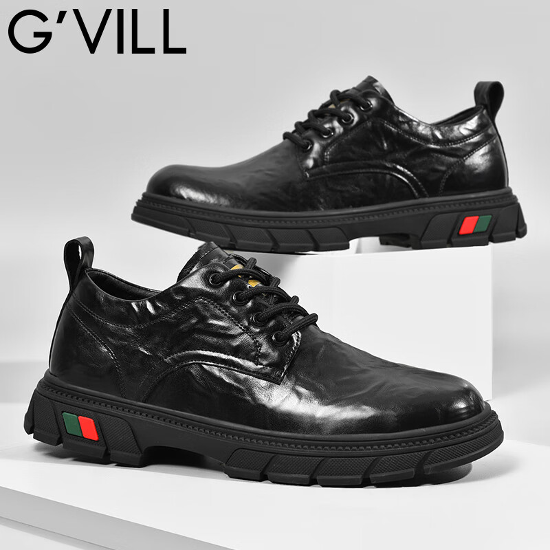 贵之步男鞋新款秋冬季牛皮商务皮鞋软底防滑增高缓震男款舒适厚底休闲鞋 黑色 (G201) 42 (运动鞋码)