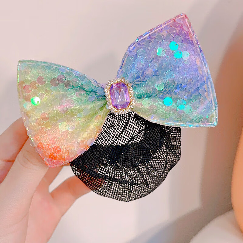 夏季亮片蝴蝶结盘头发网爱心钻儿童发夹子可爱女孩跳舞丸子头网兜 彩色蝴蝶结