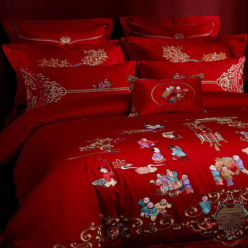 百子图四件套 百子图婚庆四件套喜庆大红贡缎刺绣子孙被喜被纯棉 百子