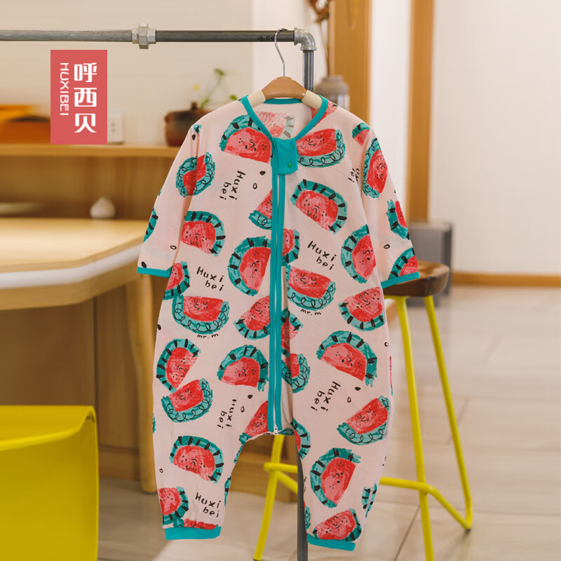 呼西贝宝宝夏季薄款纯棉睡袋儿童分腿睡衣连体家居服防踢被子 夏季贝爽棉 大西瓜 100码适合身高93-103cm