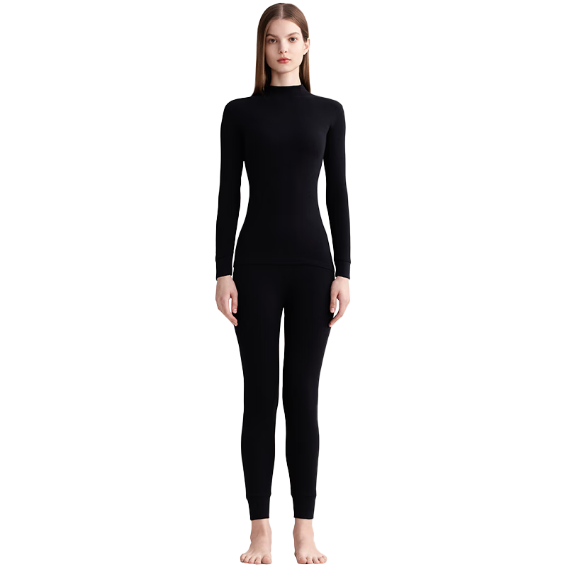 红豆（Hodo）纯棉秋衣秋裤女半高领情侣男士保暖内衣全棉中老年打底棉毛衫套装 女士黑色 L (165) 女士，男士170L