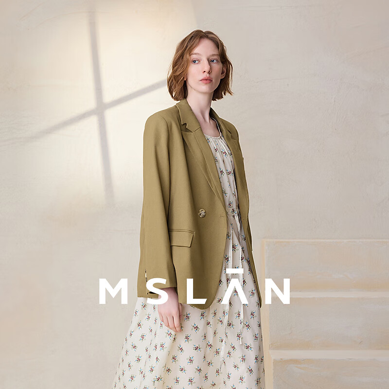 MSLAN/商场同款TR面料舒适柔软宽松翻领收腰西装外套复古通勤 栗鼠棕 M