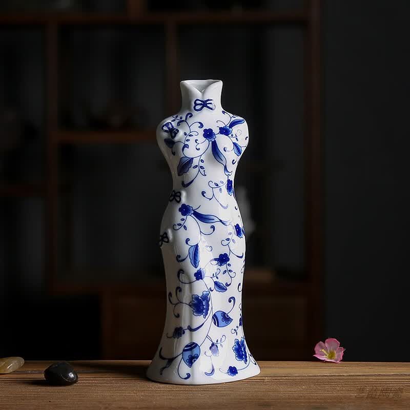 创意手工彩绘陶瓷花瓶花器中国风旗袍干花花插花瓶禅意 旗袍花瓶-青花