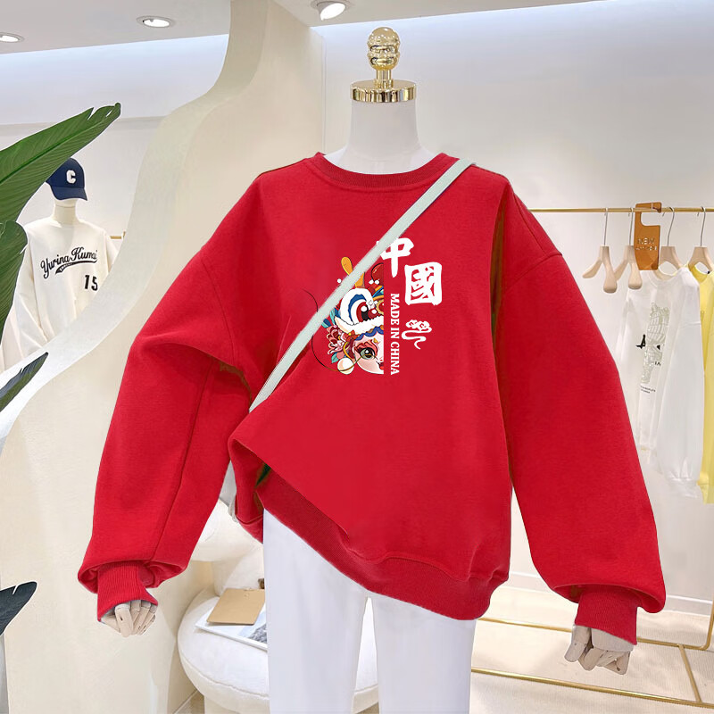 蝶鹿（Dielu）高端亲子装新款潮一家三口四口父子母女春秋款新年拜年服卫衣 红色(圆领) 100cm