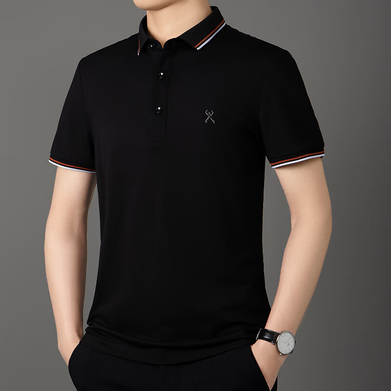 t恤男夏季新款纯色休闲桑蚕丝polo衫翻领休闲上衣 8930-黑色 165/84a