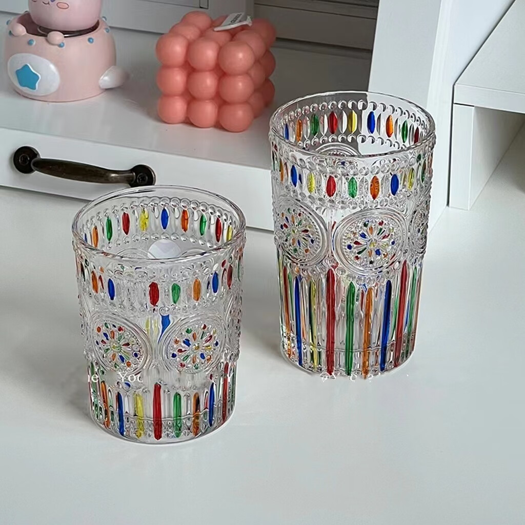 【现货现发】会折射彩虹光泽彩绘水杯手绘设计感玻璃杯子 柠黄编织 401-500ml