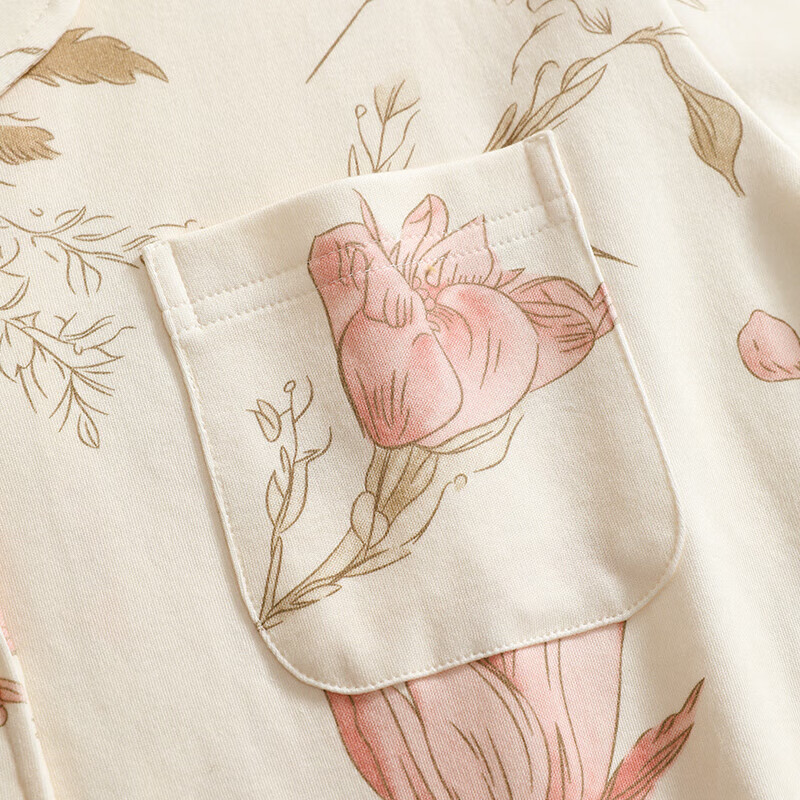 芬腾新款睡衣女春秋季纯棉开衫长袖休闲加大码全棉碎花家居服套装 米底花 L 建议:110-125斤