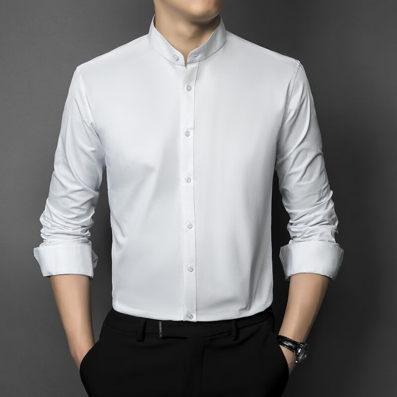 零度e族青男士长袖衬衣商务休闲纯色立领工作服 白色 m