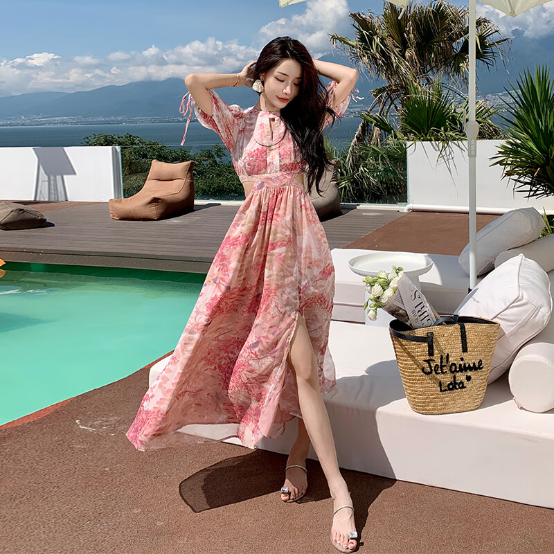nakezg沙滩裙雪纺碎花连衣裙夏季女轻奢露腰气质礼服长裙别致漂亮裙子