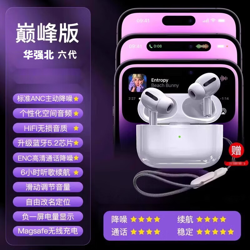 华强北蓝牙耳机真无线蓝牙耳机适用苹果airpro2024新款降噪iPhone15 【Pro6代版】六唛智能降噪