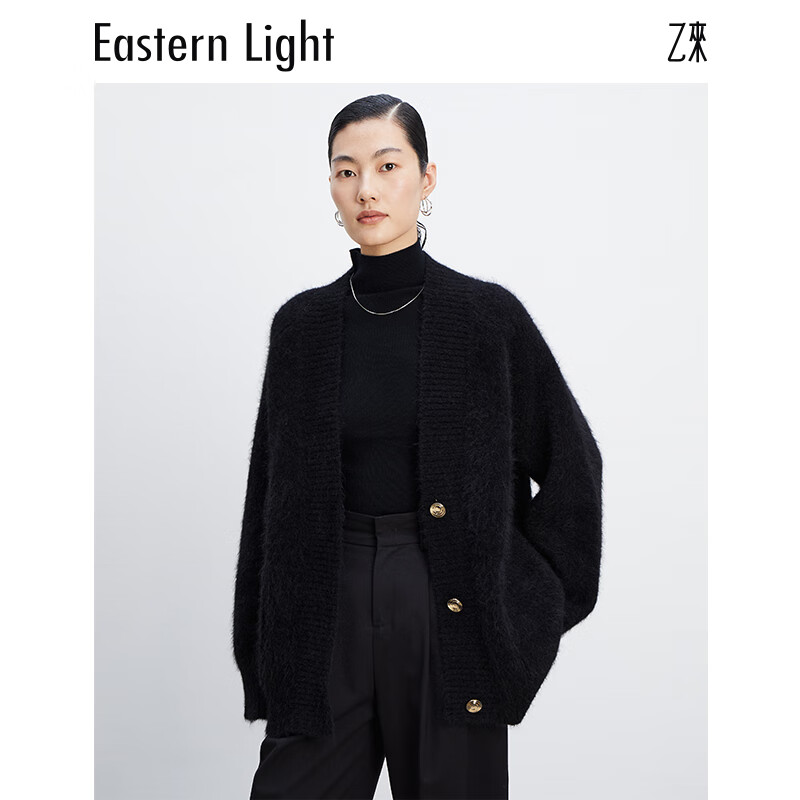 乙来（EASTERN LIGHT）【Alpaca羊驼毛长毛】秋冬针织开衫衣保暖外套 上衣-优雅黑 S