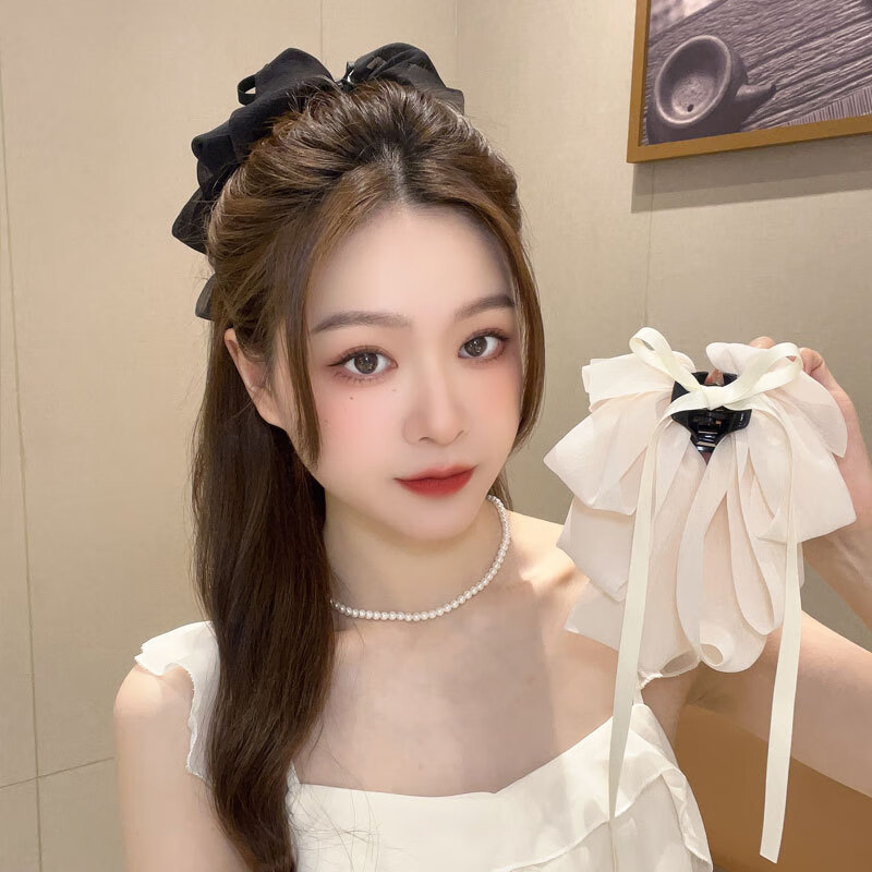 【精选】蝴蝶结飘带抓夹女法式湿柔头花后脑勺盘发夹发抓雪纺发饰 丝带-抓夹（黑