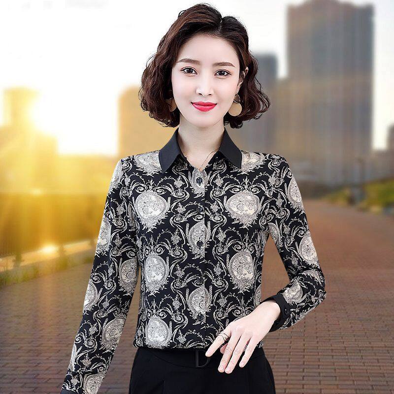 皮尔卡丹2024年品牌女装春秋装黑色花衬衫女新款碎花上衣洋气长袖雪纺