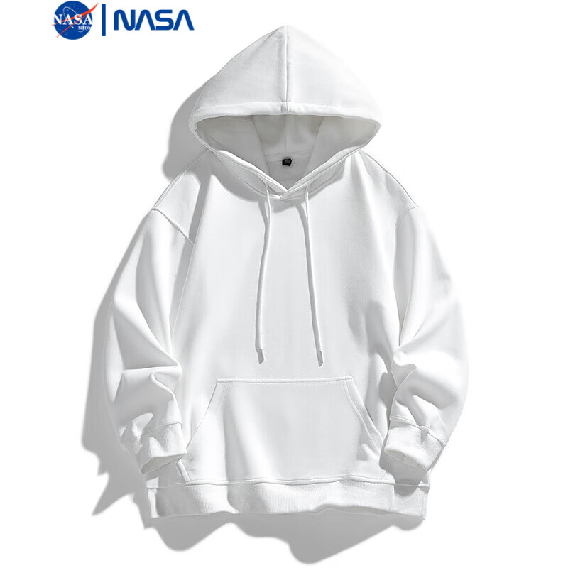 NASAMITOO纯色连帽卫衣男士2024秋季新款宽松休闲简约百搭上衣 白色 L