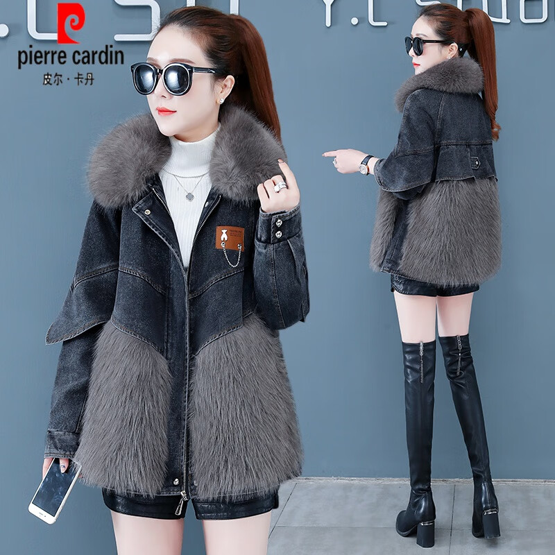 皮尔卡丹(pierre cardin)2023冬季新款牛仔拼接狐狸毛皮草外套女宽松