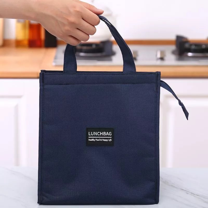 加厚装饭盒袋子铝箔保温袋帆布带饭菜的便当包保暖冷藏上班手提袋 藏青小号