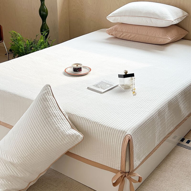 纯色床盖单件100全棉榻榻米防滑夹棉绗缝床单三件套四季通用 zb白色