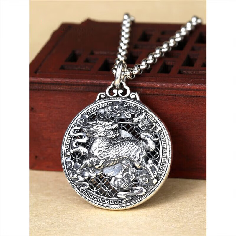 梦至尊梦 麒麟纳福挂件小孩挂件 银钱铜钱银项链挂坠祥云瑞兽足银项坠