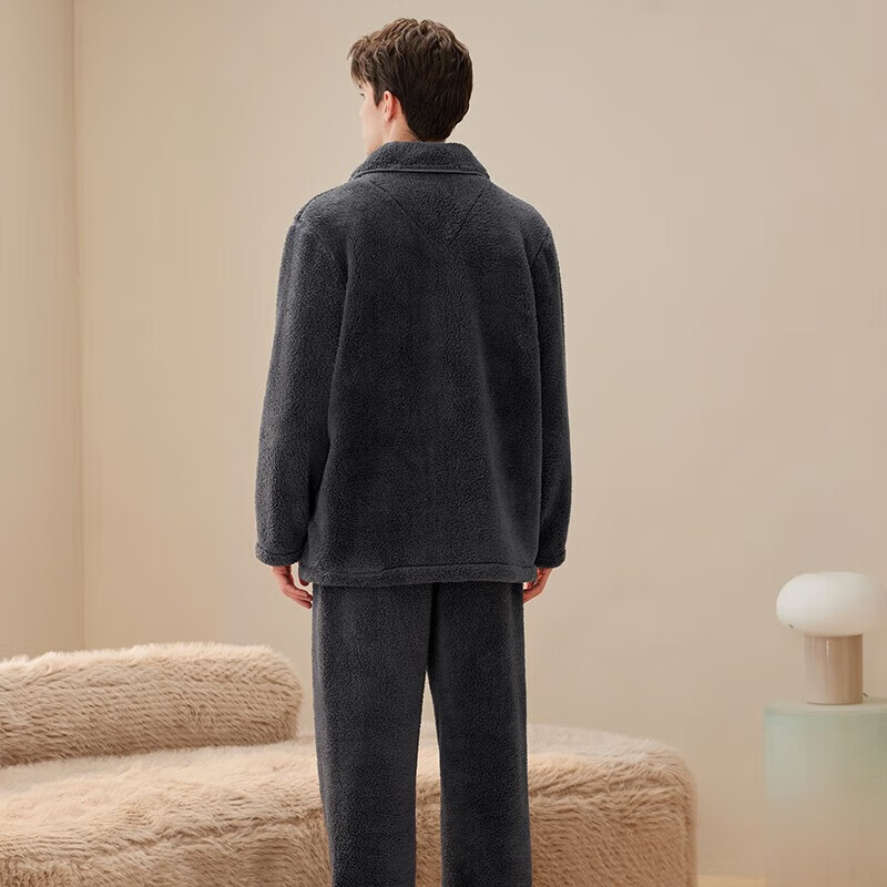 芬腾情侣睡衣珊瑚绒秋冬加绒加厚女士套装法兰绒休闲保暖大码家居服男 碳灰【单男款】 4XL 建议:女175-190,男205-230斤