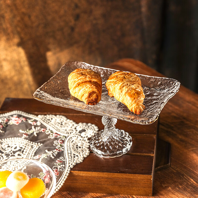 厨谧创意长方形面包点心摆盘锤纹水果盘玻璃高脚盘子糕点甜品展示托盘