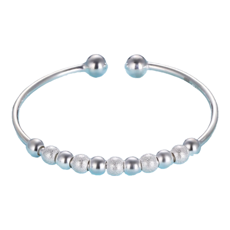 老銀匠s999足銀手鐲轉(zhuǎn)運(yùn)珠銀鐲子年輕款送女友釘砂圓珠對珠開口銀鐲子