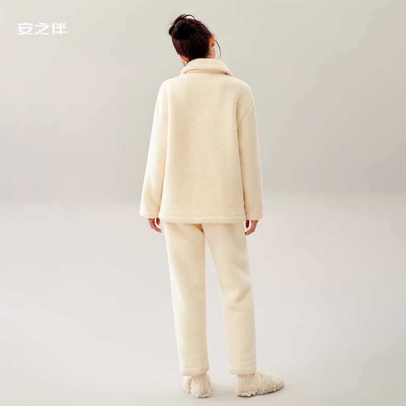 安之伴睡衣女秋冬加厚北羔绒暖暖简约纯色休闲女士家居服套装可外穿 浅黄 L