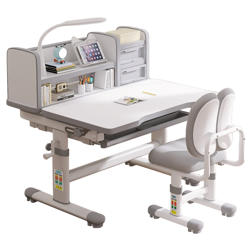 益威（EIEV）兒童學(xué)習(xí)桌椅套裝 中小學(xué)生寫(xiě)字桌椅 可升降書(shū)桌椅課桌書(shū)柜寫(xiě)字臺(tái) 豪華收納書(shū)桌+乳膠追背椅-貴族灰