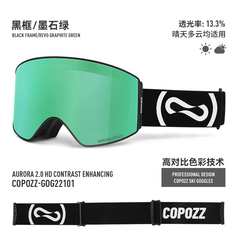 酷破者滑雪眼镜可卡近视柱面滑雪镜女男磁吸双层防雾大视野护目镜 黑框墨石绿-HD高对比