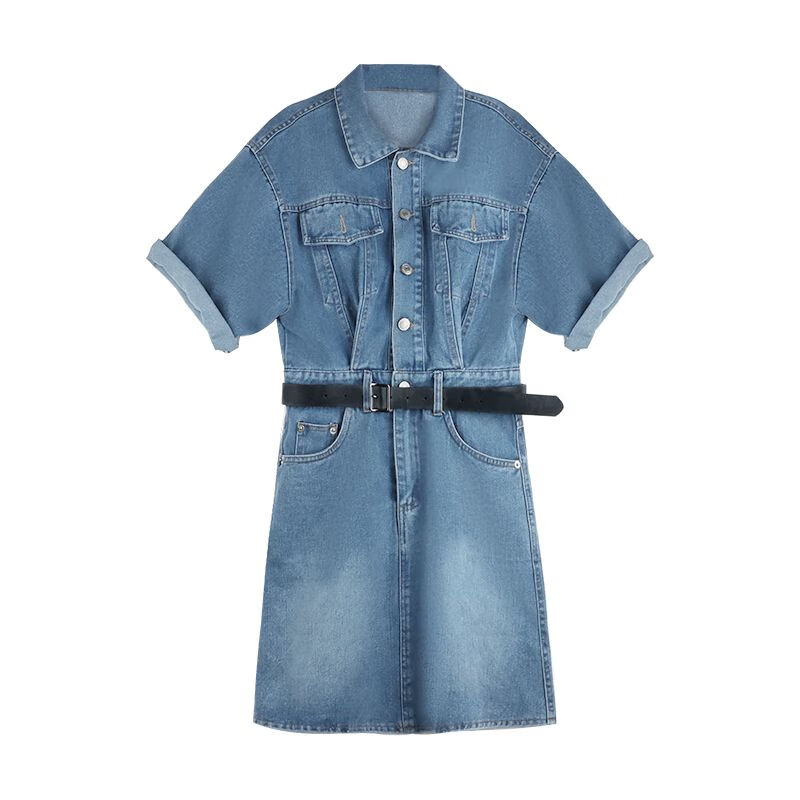 mfjo牛仔连衣裙女学生设计感小众港味春夏复古收腰显瘦短裙小个子短袖
