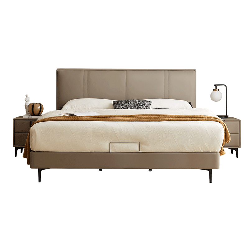 雙虎意式簡約皮藝床超薄床頭雙人主臥床1.5米小戶型臥室家用大床705 【超薄款】高腳床+床頭柜*1 【頭層牛皮B暮冬灰】1.5*2.0米