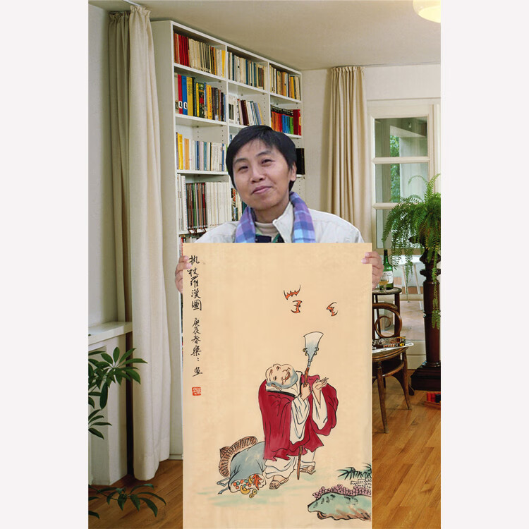 徐乐乐字画手绘二尺竖幅写意执杖罗汉图名人国画装饰带带合影收藏