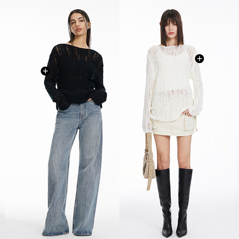 金羽杰薄透镂空长袖针织衫女短款春秋季新品圆领打底小衫上衣S241SW320Y 莱赛尔黑 M 适合110斤以下