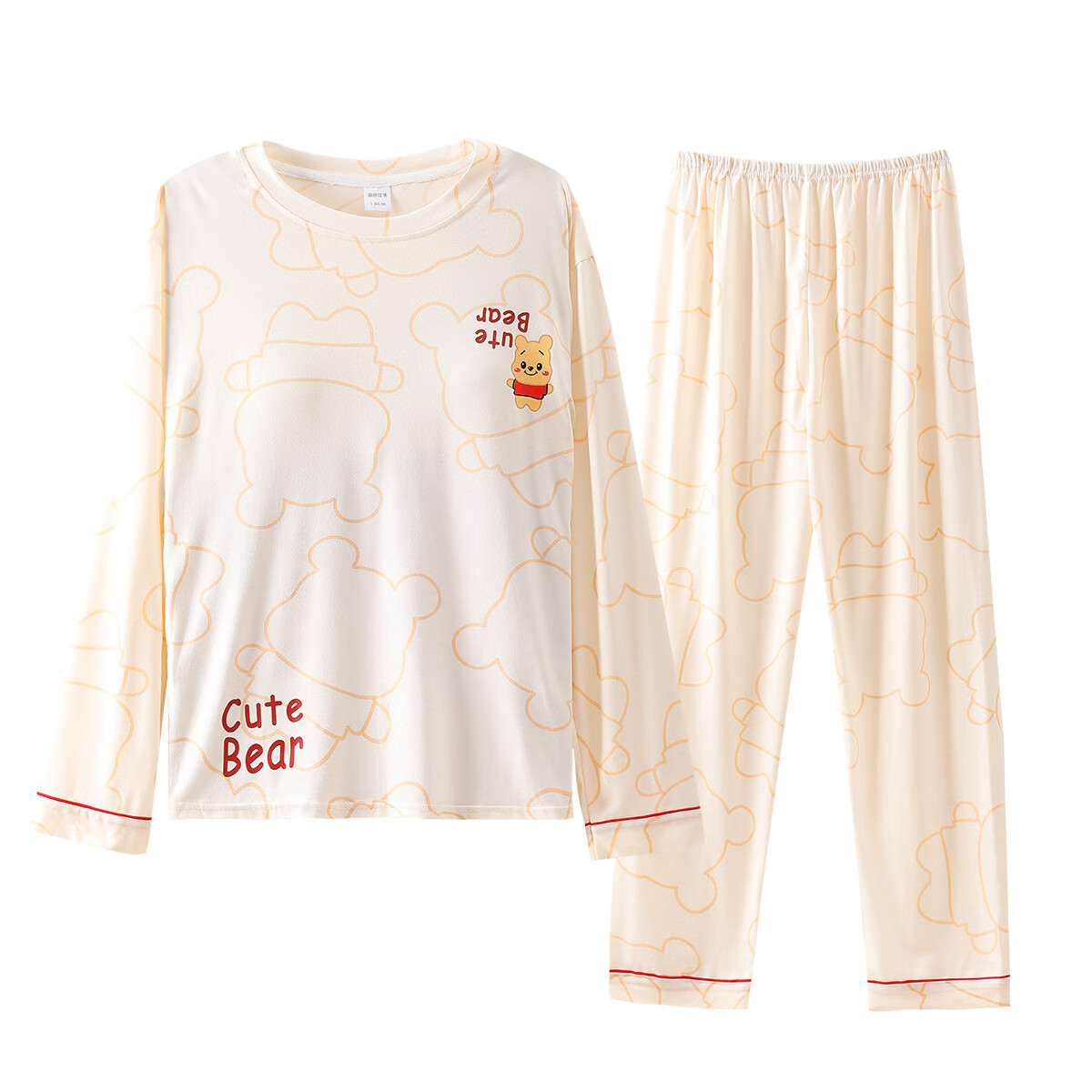 紫色花语【25年新款】带胸垫睡衣女士春秋长袖睡裤简约可外穿家居服 乳白色 M （推荐80-100斤）