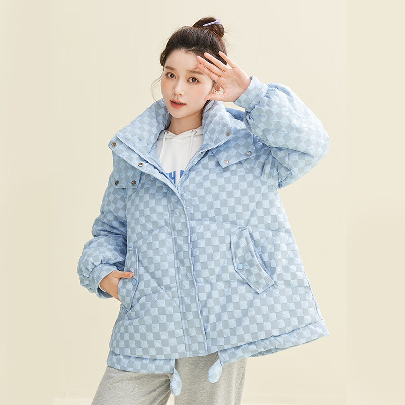 雪中飞羽绒服女款短款韩版时尚秋冬品牌清仓棋盘格宽松保暖百搭公主风 绿色 S/155(85-110斤)