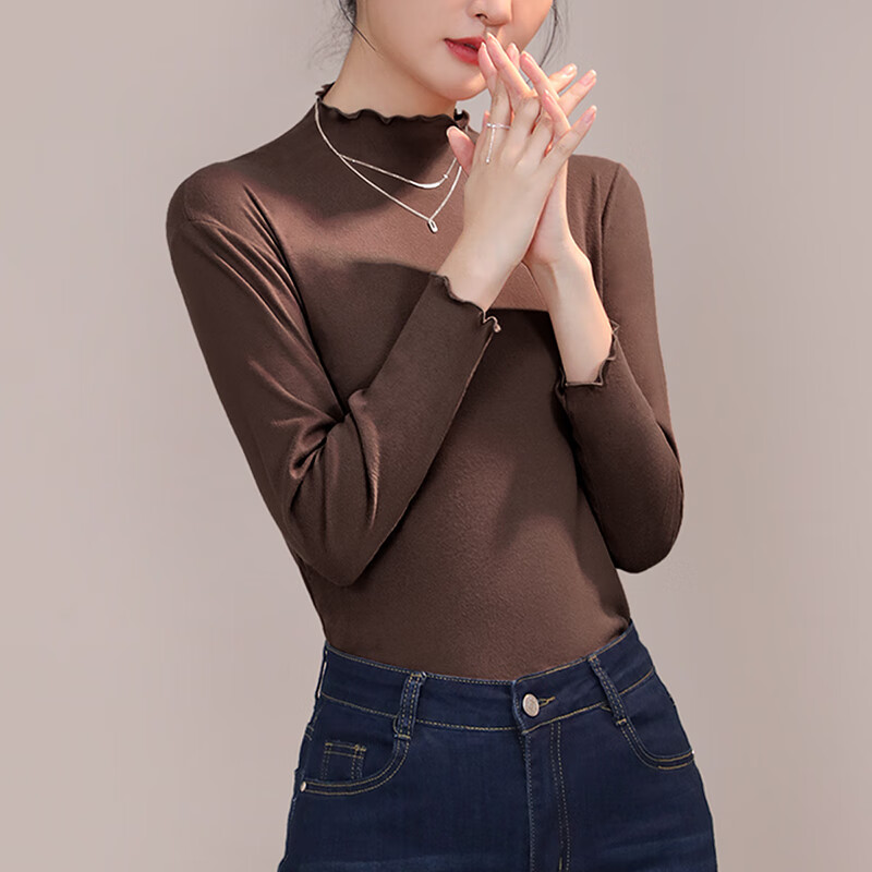 六月玫瑰 打底衣女新款双面磨毛内搭半高领打底衫秋衣女上衣2件装 杏+深咖(80-125斤) 均码
