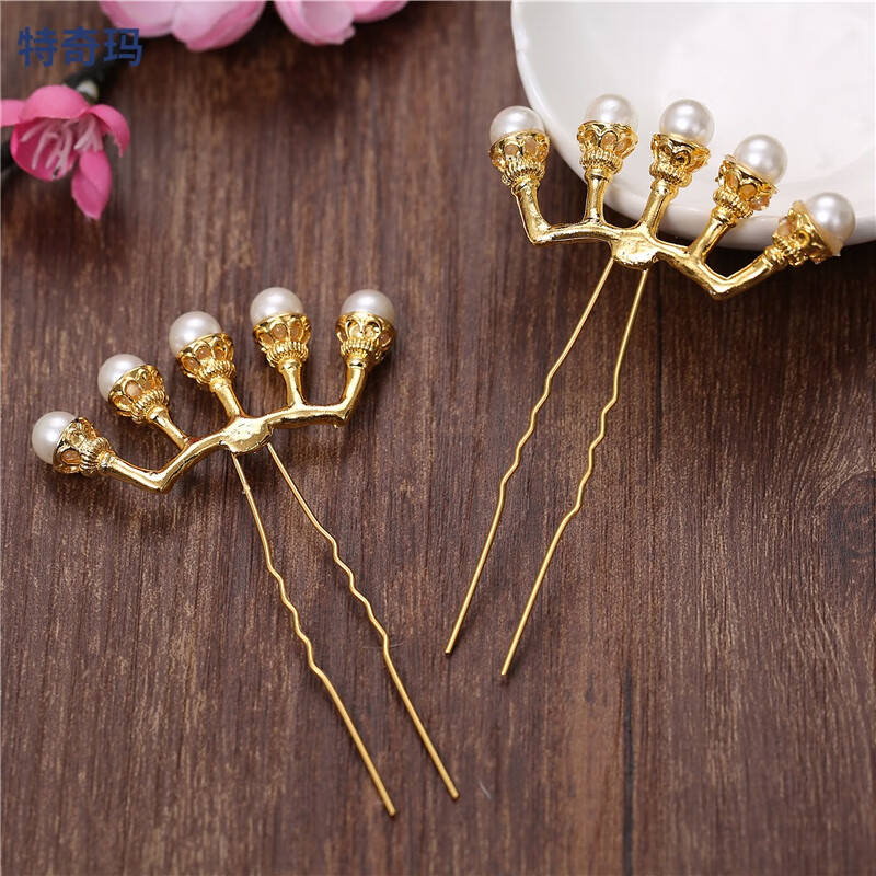 头饰配饰全套贝珠排钗发簪子盘发女发钗古风饰品百搭古装发饰 金色五