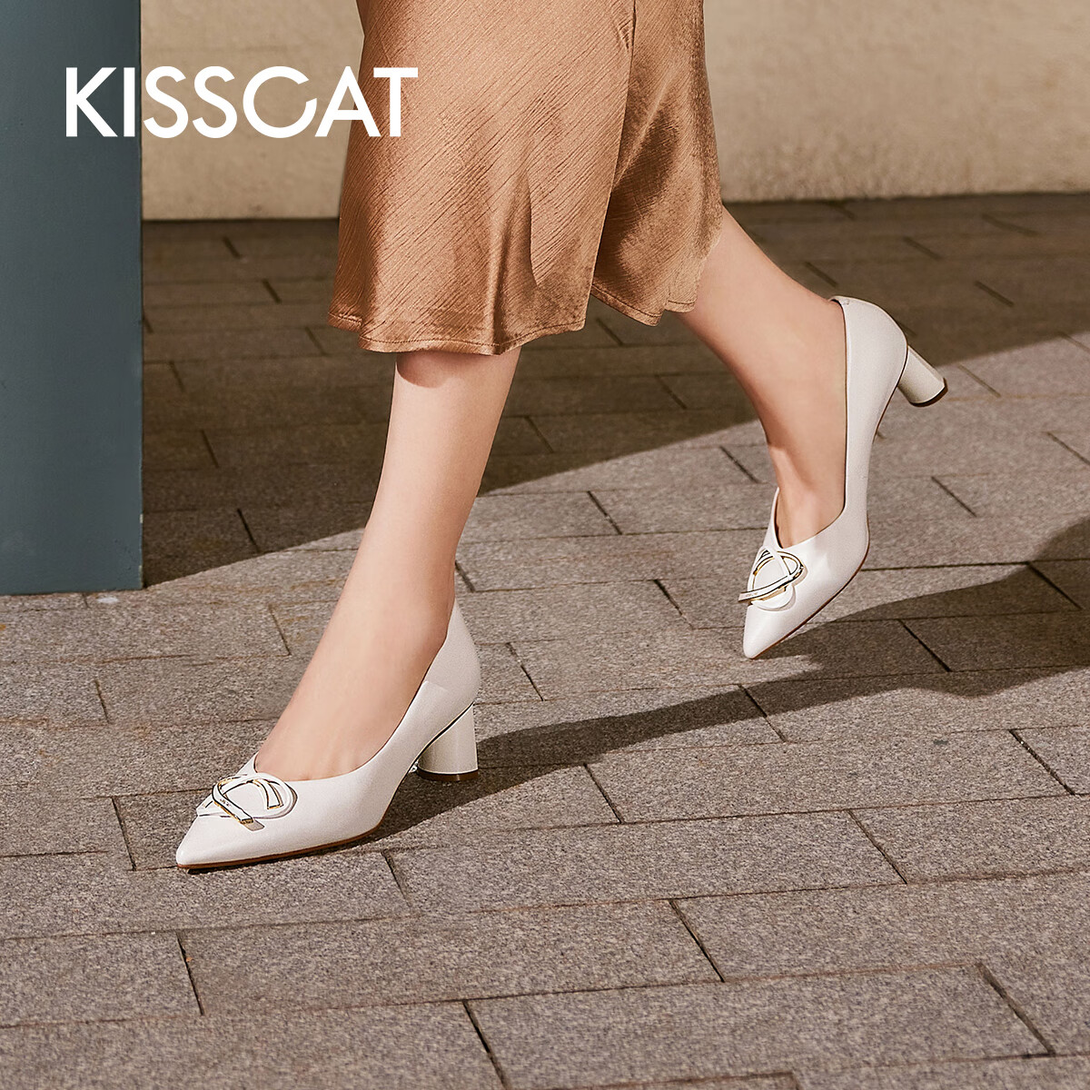 KISSCAT接吻猫女鞋春秋新款浅口单鞋简约百搭小皮鞋尖头高跟鞋KA43100-10 白色 36