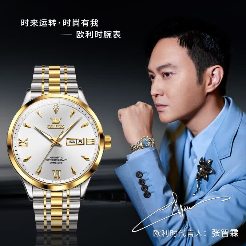 欧利时(OLEVS)瑞士认证品牌手表男机械表男士手表夜光双日历全自动机械手表男 钢带间白-9956- 【日本进口机芯】