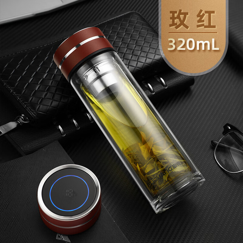 富光智能显温双层玻璃杯男士水杯茶水分离防摔杯子防烫隔热泡茶杯 320