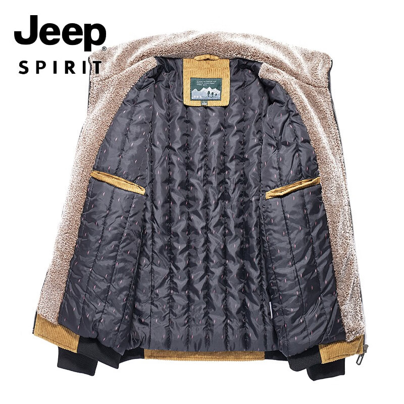 JEEP棉衣男冬季新款保暖外套新款灯芯绒加绒加厚休闲毛领大码纯棉外套 黑色【加棉加绒款】 L