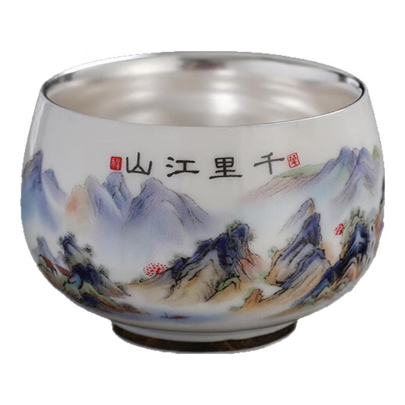 青天问月主人杯单杯鎏银杯999纯银包银陶瓷功夫茶具茶杯个人轻奢品茗礼盒 鎏银-白玉将军杯+礼盒 150ML