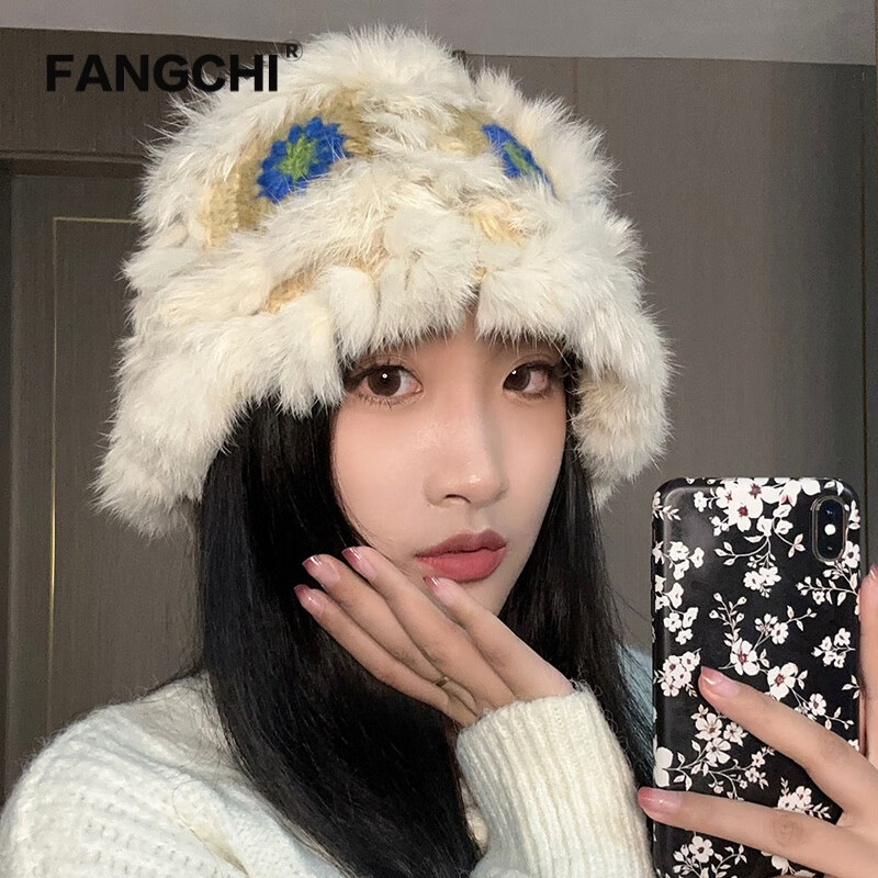 fangchi新中式国风渔夫帽女秋冬保暖毛线帽纯手工醒狮帽可爱毛绒帽子