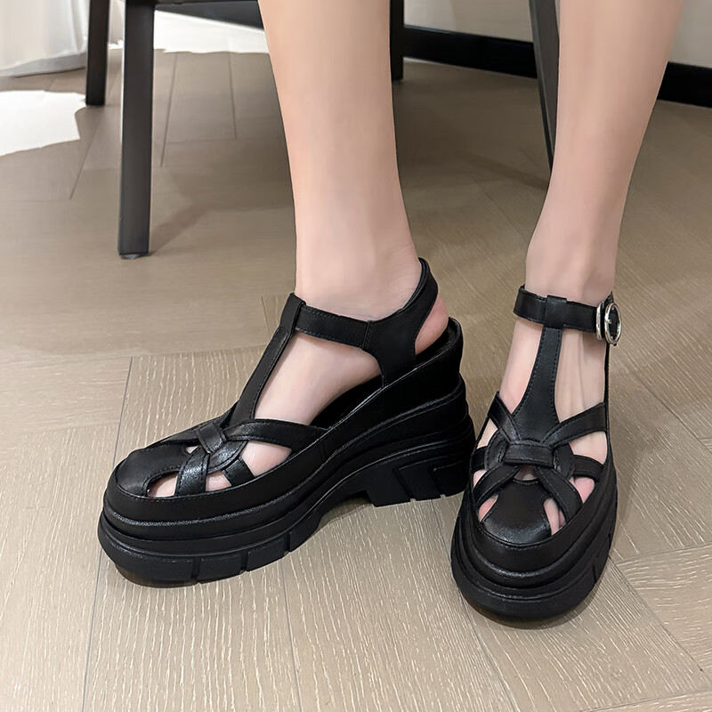 爱希仕牛皮凉鞋女夏季新款鞋超高跟坡跟松糕鞋时尚气质防水台大码小码鞋 黑色8厘米 37