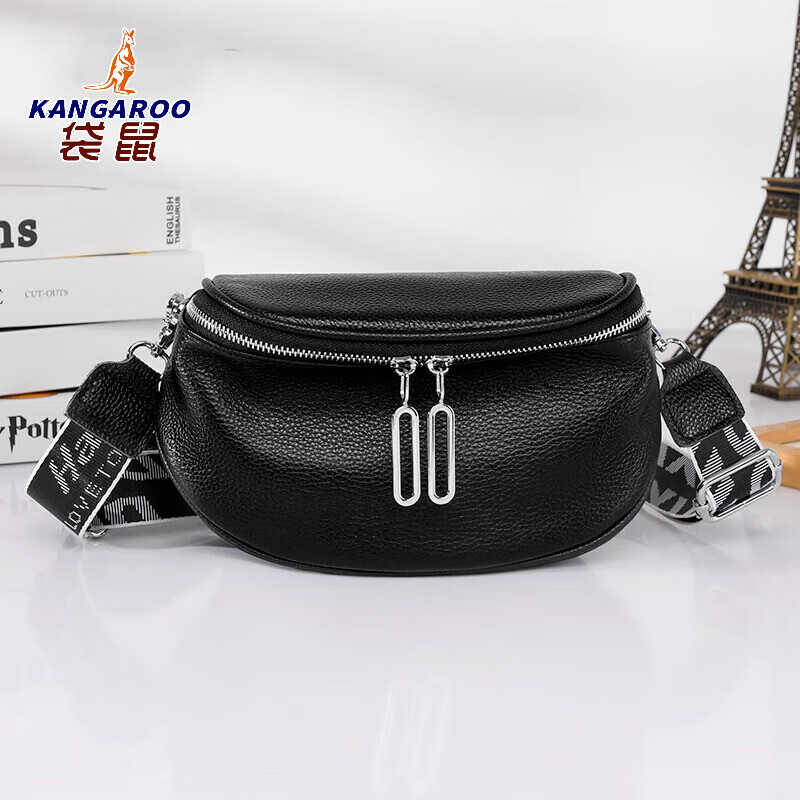 袋鼠(KANGAROO)包包女牛皮2025年新款时尚斜挎包女胸包潮流大容量马鞍包真皮女包 黑色