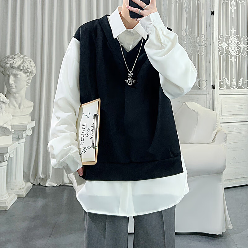 慕幕假两件衬衫男感cityboy日系风格穿搭宽松卫衣青少年潮牌外套 黑色